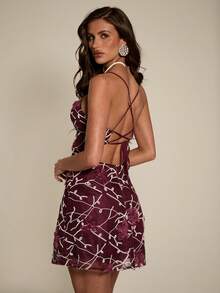 SHEIN BAE Women's Summer Vacation Applique Embroidery Detail Camisole Dress,This Red Floral Textured Slip Dress Is Perfect For Romantic Dates, Parties, Formal Gatherings, Birthday Dresses, Beach Vacations, Beach Parties, And Everyday Outings.(Summer,Spring, Party ,Beach ,Vacation,Summer Vacation Outfits ,Holiday Mini Dresses Wine Dress - Burgundy - View 3