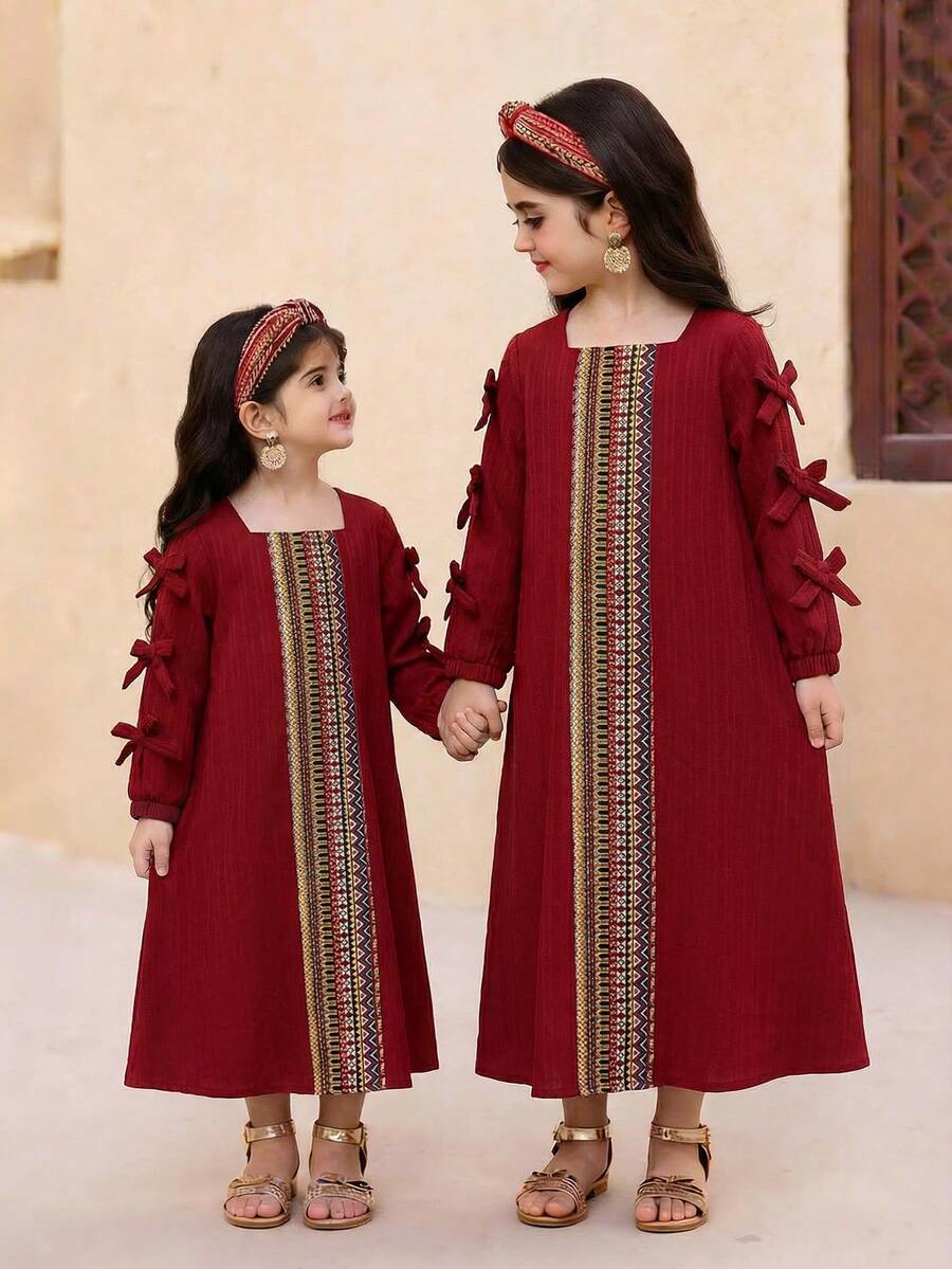 SHEIN Flamingo Print Long Sleeve Arabian Robe,Elegant Floral Kaftan Jalabiya Clothes - Red - View 1