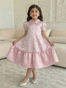 SHEIN 少女优雅奢华公主风泡泡袖中长A字连衣裙，提花奢华光泽质感面料，欧根纱拼接下摆，公主风装饰，尽显奢华质感 - 金色 - 查看 8