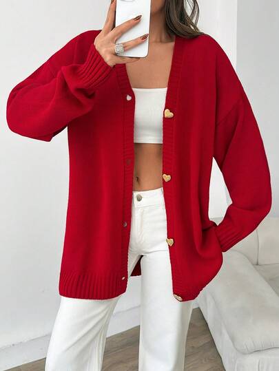 EURMUSE Lichtgewicht gebreid rood vest met gouden hartknopen, V-hals, zacht en comfortabel, casual, losse pasvorm, chique, minimalistisch, geschikt voor elke dag, lente en herfst.