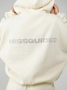 MISSGUIDED Rhinestone Logo Zip Through Hooded Sweatshirt With Drawstring Hood And Centre Pockets For Casual Winter Streetwear - Cream - View 5