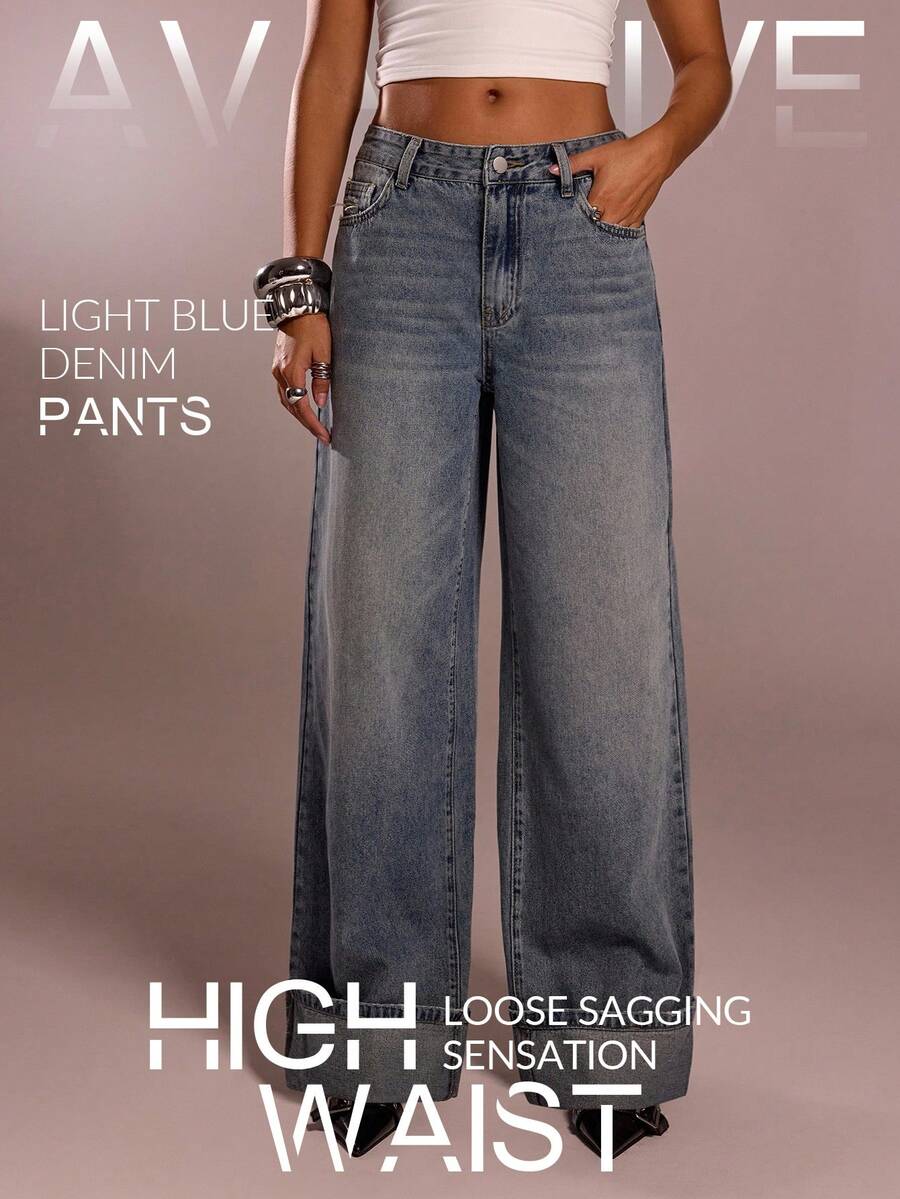 Quần jeans ống rộng màu xanh xám cạp thấp đa năng, phong cách thường ngày, phù hợp với mọi phong cách, mùa hè mới