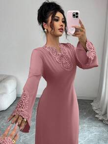 Rafferiza Women's Loose V-Neck Ruffle Hem Long Sleeve Robe, Turkish Robe, Arabic Robe Dress Modest Bell Sleeves Long Sleeve Elegant Dress Prayer Dress Women Clothing Elegant - Pink - View 3