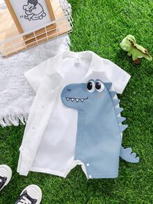 SHEIN Baby Boys & Girls Cartoon Dinosaur Pattern Turndown Collar Short Sleeve Romper Shorts Set, Casual Versatile - Multicolor - View 5