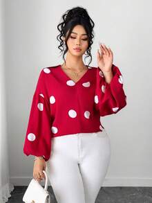 Elenzga Áo kiểu nữ cỡ lớn in chấm bi cổ chữ V tay phồng, thích hợp mặc đi nghỉ mát. - Đỏ - Xem 6