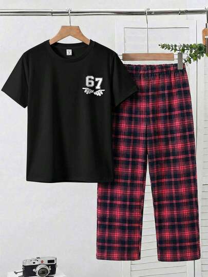 SHEIN Tween Boy Graphic Print Crew Neck Short Sleeve Top And Plaid Print Pants Pajama Set Summer Y2k Vacation Goth Gothic Streetwear Sumwon Burgundy Holiday Vintage Boho Festival Gras Party Cute Birthday Boys Modest Home Casual Cozy