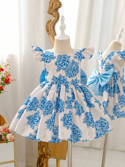 Glamorique Kids Baby GirlParty Flower Girl Wedding Dress, Cap Sleeve V-Back 3D Bow Floral Sweet Elegant Puffy Princess Dress
