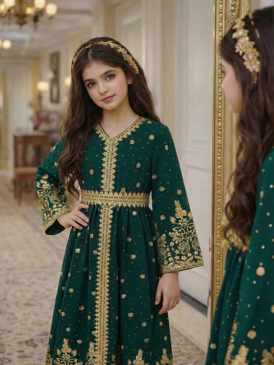 Girls' Elegant Long Robe Dress, Suitable For Festivals And Events - Green - View 1