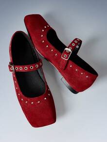 CUCCOO GRLICON Women's Casual Buckle Studded Flat Loafers - Red - View 5