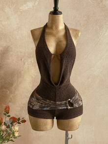 Soleia New Casual Vacation Western Beach Wedding Guest Attire Graduation Brunch Women's St. Patrick's Day Spring Break Easter Music Festival Elegant Bohemian Tropical Halter Backless Metal Beaded Textured Jumpsuit - Multicolor - View 7