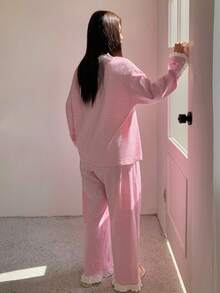 Dazy Plus 2pcs/Set Cute Striped Loose Long Sleeve Top And Long Pants Pajama Set, Pink, Spring/Summer - Pink - View 2