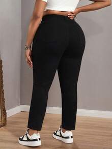 Slaydiva Jeans casuales de talla grande de unicolor con bolsillo en ángulo y silueta ajustada - Negro - Ver 2