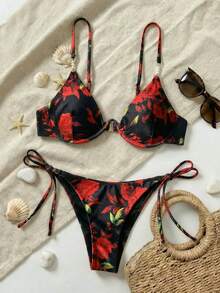 SHEIN Swim Spaghetti Strap Printed Bikini Set For Summer Swimming Wear - Black - View 2