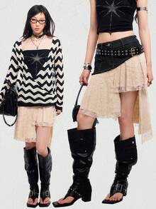 Bloopia Women's Asymmetric Hem Fashionable Lace Patchwork Denim Mini Skirt - Black - View 5