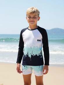 Boys' Long Sleeve Patchwork Swimsuit + Swim Trunks 2-Piece Swimwear Set - Multicolor - View 9