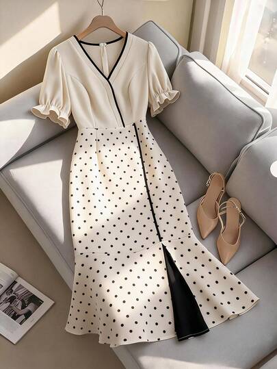 GlowEve Đầm dự tiệc/hẹn hò thời trang, thanh lịch, phối họa tiết chấm bi cho nữ cỡ lớn.