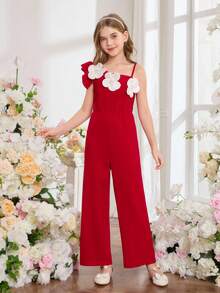 SHEIN Tween Girls' Elegant Commuting Evening Party 3D Floral Ruffle Strap Jumpsuit - Red - View 4