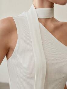 MOTF PREMIUM SOLID ASYMMETRICAL HALTER NECK SLIM FIT RIBBED KNIT TOP - White - View 2