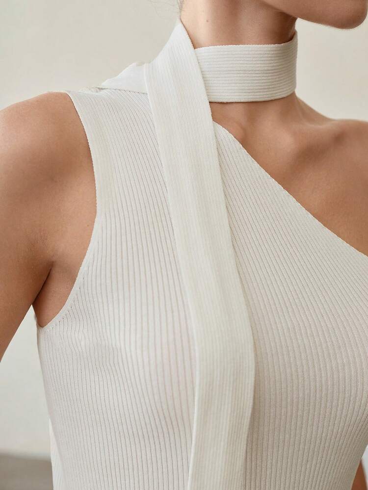 SOLID ASYMMETRICAL HALTER NECK SLIM FIT RIBBED KNIT TOP