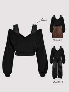 SHEIN MOD Plus Size Women's Solid Color Contrast Lace Off-Shoulder Long Sleeve Sweatshirt - Black - View 5