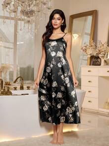 SHEIN Women's Elegant Floral Print Satin Slip Dress Nightgown - Black - View 6