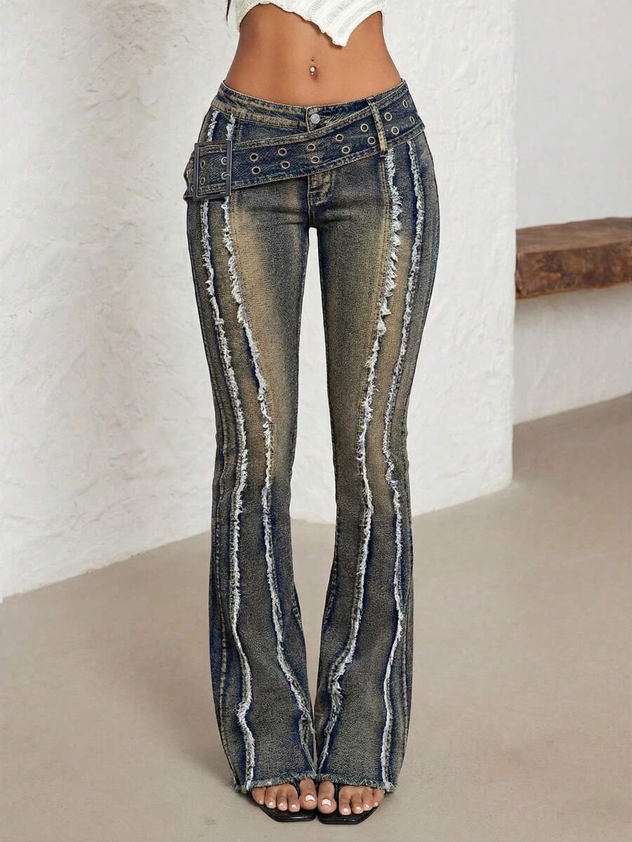 Jeanoix Wide Waistband Eyelet Flare Leg Low Waist Jeans - Dark Wash - View 1