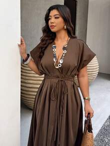 SHEIN LUNE Plus Size Women's Deep V-Neck Pleated Waist A-Line Casual Long Dress, Spring/Summer - Brown - View 7