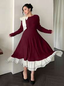 Dazy Plus 大码优雅蝴蝶结系带肩部拼接荷叶边修身派对长裙，黑色，春秋季吊带裙 - 酒紅色 - 查看 5