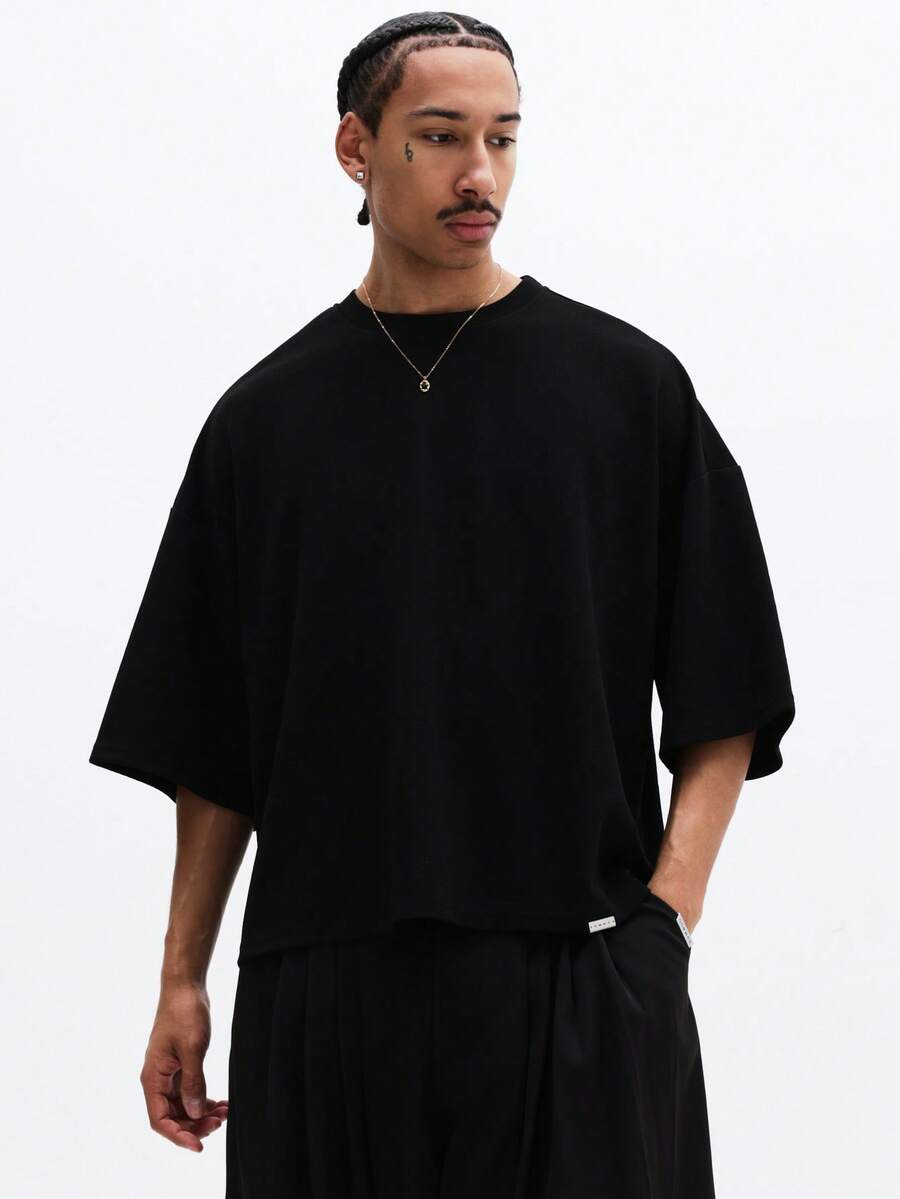 SUMWON Camiseta Masculina Oversized de Gola Careca de Manga Curta Sólida, Simples, Confortável, Ajuste Relaxado, Casual - Preto - Visão 1