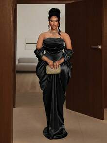 Maweii 大码女士优雅性感派对礼服，高端褶皱单肩修身无肩带塔夫绸茧型香槟色派对礼服，优雅派对礼服 - 黑色 - 查看 4