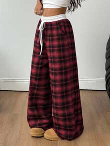 Coolane Women's Plus Size Spring/Summer Casual Daily Wear Basic Loose Checked Plaid Patchwork Wide Leg Pants