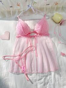 PetitDoll 两件套加大码蕾丝网纱内衣套装 - 淺粉色 - 查看 5