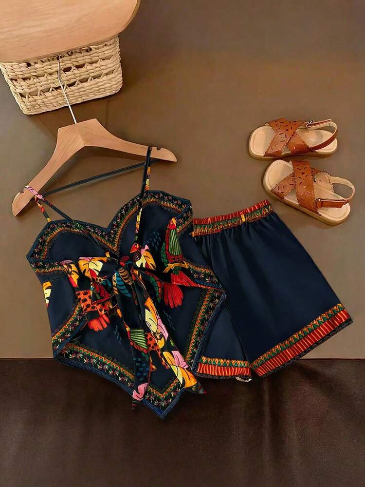 SHEIN Franclia Bộ 2 áo hai dây in hình động vật dành cho nữ cỡ lớn, định vị kỹ thuật số. - Màu xanh hải quân - Xem 1