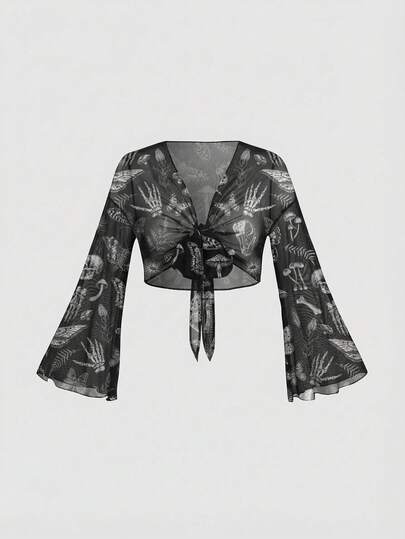 ROMWE Goth Cárdigan sexy de talla grande para mujer con estampado de calavera, seta, polilla y hoja del bosque oscuro y misterioso gótico