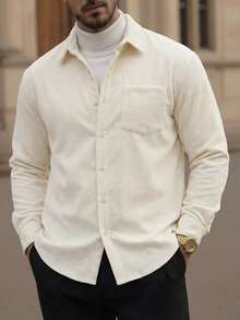 Manfinity VCAY 1 件男士剪裁合身纯色翻领前开式休闲衬衫，适合日常穿着 - 白色 - 查看 8