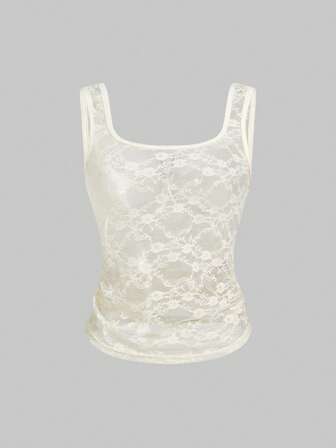 ROMWE Avant Y2K transparentes Spitzen-U-Ausschnitt Damen Trägerhemd