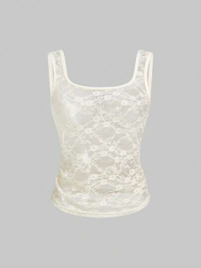 ROMWE Avant Débardeur transparent en dentelle à col en U pour femmes, style Y2K