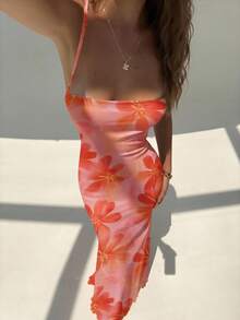 Aloruh 女士优雅芙蓉花印花露背连衣裙，夏季海滩度假装扮，波西米亚热带风情度假婚礼周年纪念伴娘派对约会性感婚礼宾客新娘送礼会白色端庄仙女风 - 白色 - 查看 7