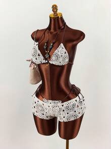 Amplova 3pcs Women's Knitted Textured Bohemian Style Sexy & Cute Vacation Outfit Set - Apricot - View 5