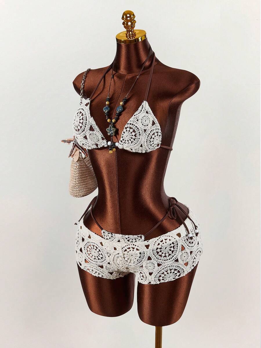 Amplova 3件套女士针织纹理波西米亚风性感可爱度假套装 - 杏色 - 查看 1