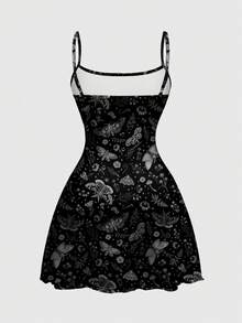 ROMWE Goth Butterfly Garden Floral Plant Butterfly Dark Allover Print Mini Dress For Women - Black - View 2