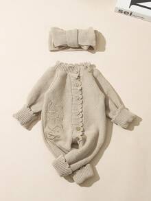 SHEIN 两件套“小妹妹”刺绣新生女婴摄影服，针织连体衣，配蝴蝶结发带，纽扣设计，适合拍照，宝宝回家服 - 卡其色 - 查看 6