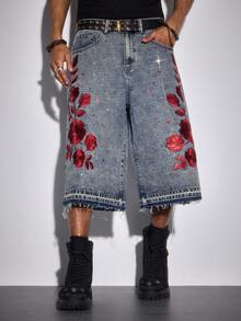ROMWE MEN Street Life Quần short denim nam thêu hoa và đính đá. - Màu xanh lam - Xem 5