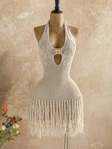 Soleia 女士V领露背系带修身针织连衣裙，波西米亚风，度假风，秋冬款 - 卡其色 - 查看 4