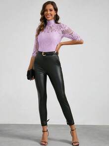 Amorya Women's Spring Stand Collar Lace Top - Lilac Purple - View 4