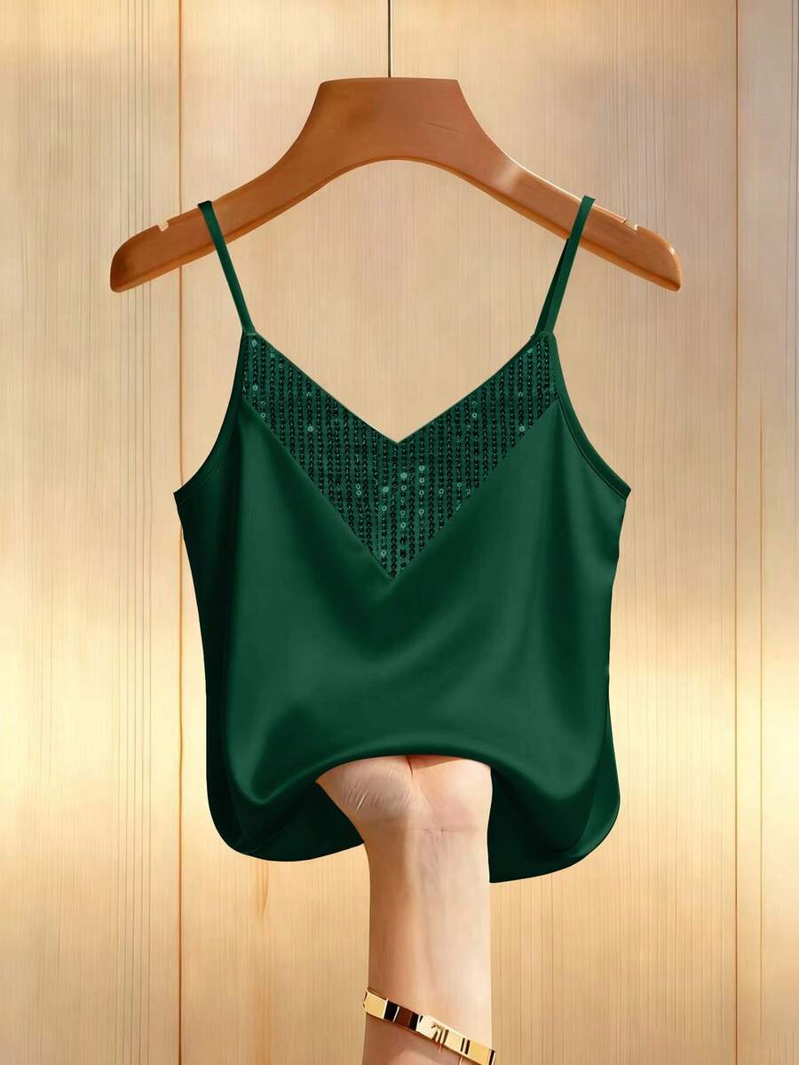 Franclia Summer Casual Solid Color Sequin Patchwork Camisole - Dark Green - View 1