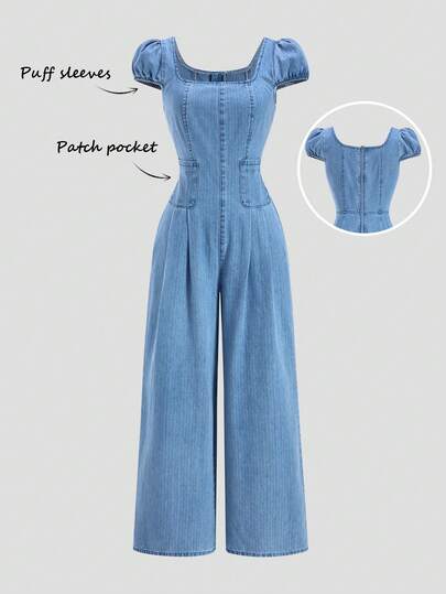 SHEIN MOD 女士休闲水洗泡泡袖牛仔连体裤