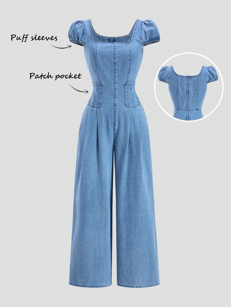 SHEIN MOD 女士休闲水洗泡泡袖牛仔连体裤 - 淺色水洗藍 - 查看 1