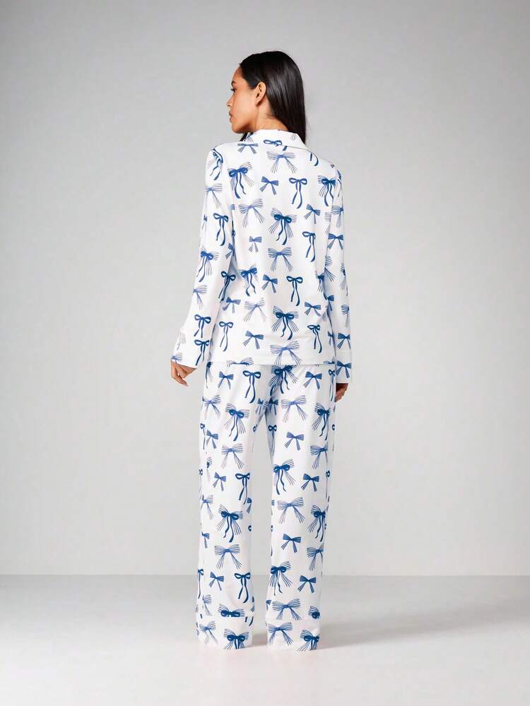 MISSGUIDED Long Sleeve Bow Print Pajama Set Loungewear Button Up Collar Sleep Set Relaxed Fit