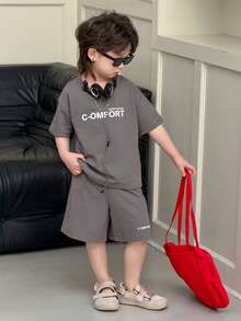 DAZY 两件套男童字母印花圆领落肩T恤和短裤休闲套装 - 灰色 - 查看 5